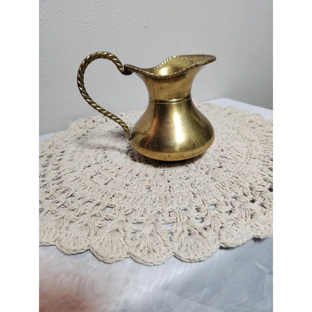 Vintage Brass Pitcher with Twisted Rope Handle Made in India Decorative Bud Vase
